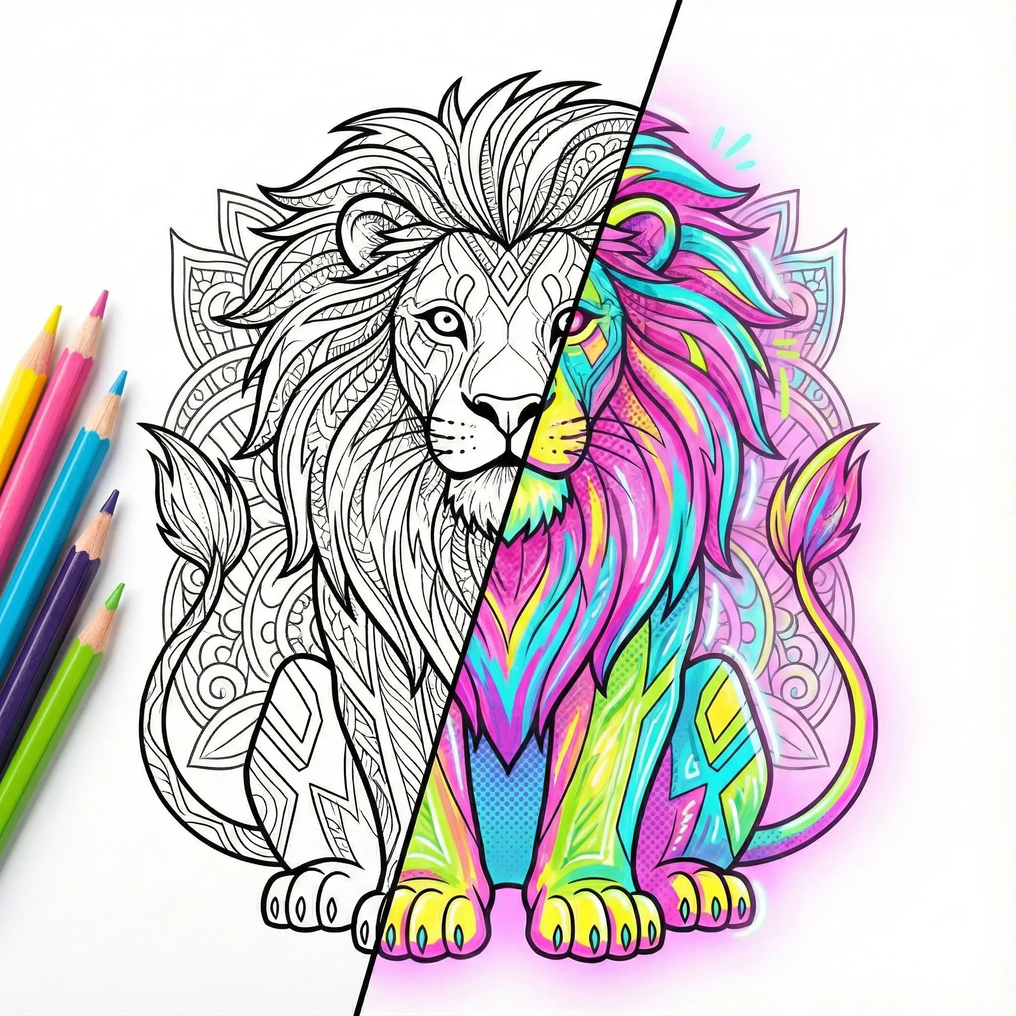 Lion coloring page transformation - before and after